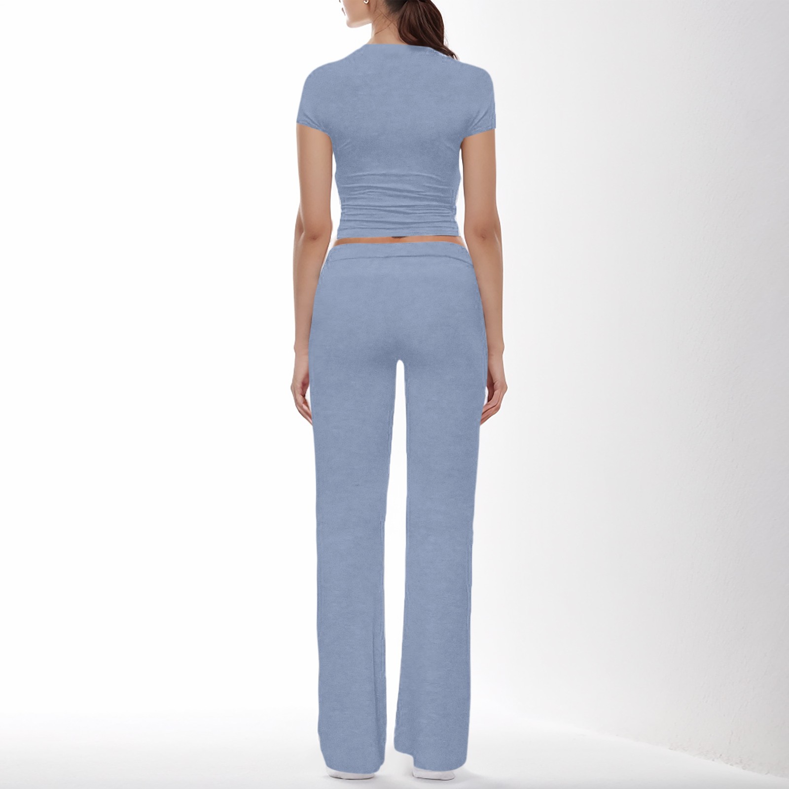 thumbnail image 4 of Conjunto de 2 piezas para mujer: top corto de manga corta y pantalones rectos, estilo deportivo informal, tallas reales para primavera/verano, 4 of 6